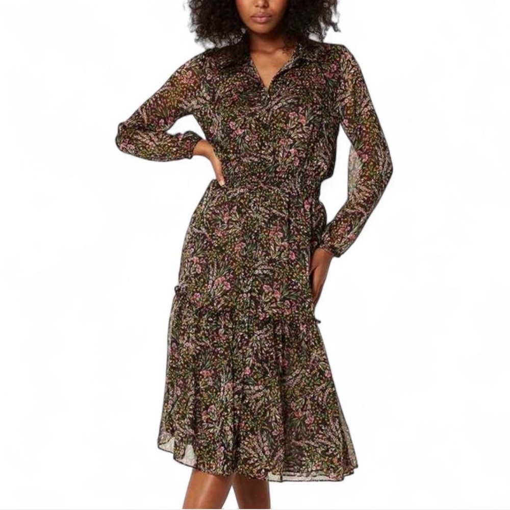 Misa Los Angeles Black Floral Button-Front Midi Dress with Pink Accents